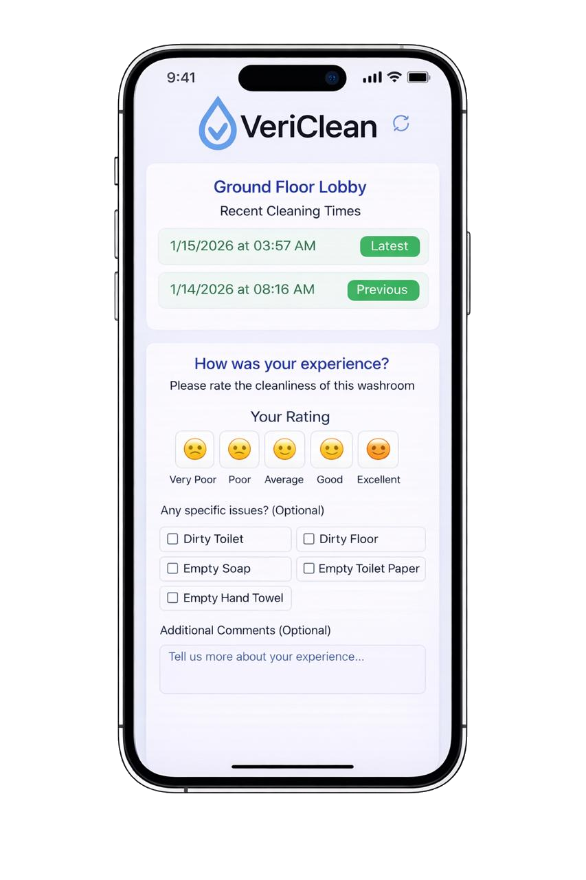 VeriClean public feedback interface showing washroom compliance records